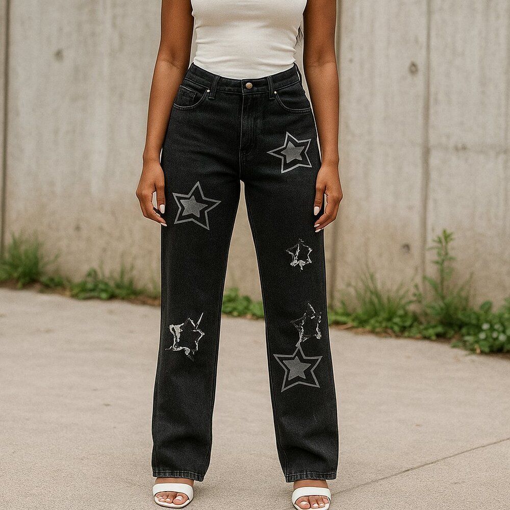 Women's jean with tags, embellished, wide leg, full rise, deep indigo